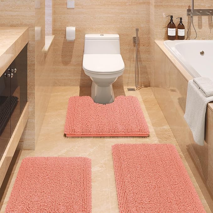 ACCUMTEK Striped Coral Bathroom Rug Set 3 Pieces Ultra Soft, Non Slip Chenille Toilet Mat, Absorbent Plush Shaggy Bath Mats for Bathroom, Bedroom, Kitchen