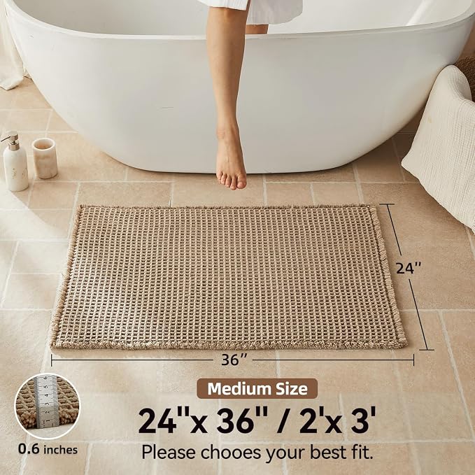 Triohero Waffle Bath Mat, Boho Bathroom Rugs Non Slip Washable, Ultra Soft Super Absorbent Quick Dry Farmhouse Bathroom Decor, 24" x 36", Beige