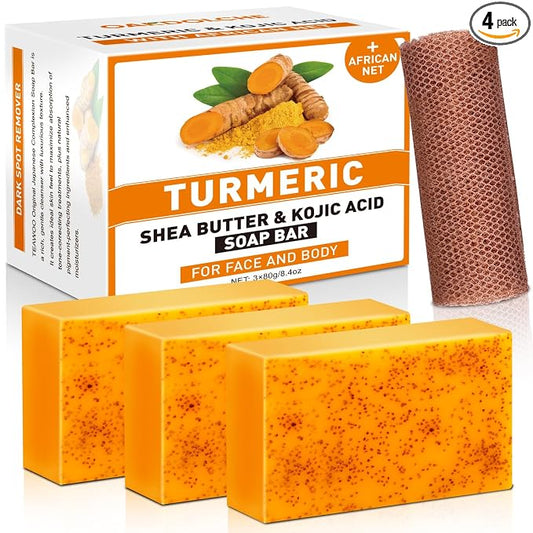 3P Turmeric Kojic Acid Soap Bars with African Exfoliating Net Sponge, Infused with Retinol, Vitamin E & Shea Butter - For Face & Body, SLS Free, Suitable for Oily & Dry Skin