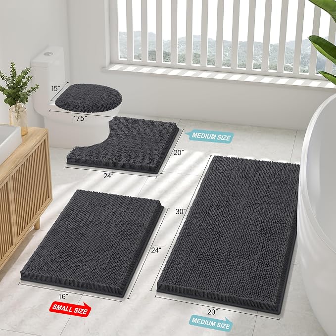 Smiry Luxury Chenille Bathroom Rugs 71x47, Extra Soft and Absorbent Shaggy Bath Mat, Machine Washable, Non-Slip Plush Carpet Runner for Tub, Shower, and Floor, Home Decor Accessories, Charcoal Grey