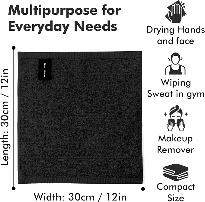 Face Towels Pack of 12 – 100% Cotton Wash Cloths (12x12 inch) – 550 GSM Soft, Quick Dry & Highly Absorbent Ring Spun Cotton Towels for Bathroom, Spa, Gym, Kitchen and for Daily Use - (Black)