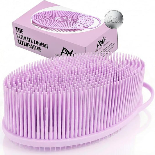 Avilana Silicone Body Scrubber for Shower – SGS Certified Food Grade Dual Sided Bath Brush, Gentle Exfoliating Silicone Loofah Alternative, Sensitive Skin Body Brush (Pink-Silver, Exfoliate)