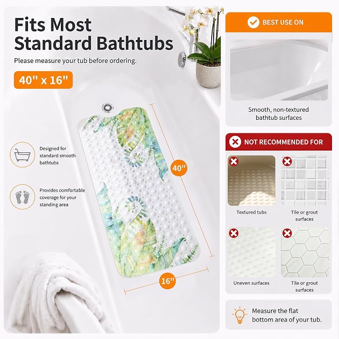 Yimobra Non Slip Bathtub Mat 40 x 16 Inch, Extra Long Shower Mat with Drain Holes, Machine Washable Baby Bath Mats, Strong Suction Cups for Bathroom Floor, Banana