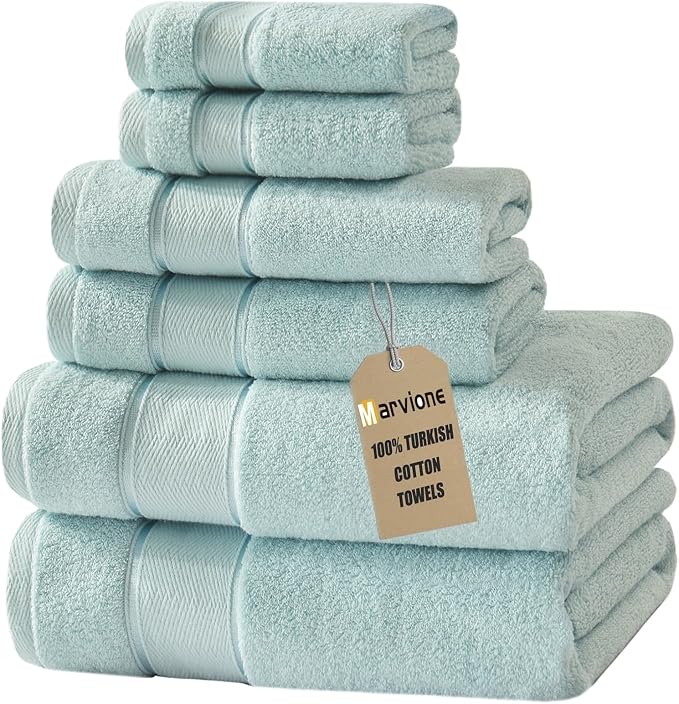 Marvione Bath Towels Set 6 Piece, 100% Turkish Cotton Highly Absorbent and Soft Towels for Bathroom 2 Bath Towels 2 Hand Towels 2 Washcloths, Light Aqua Blue