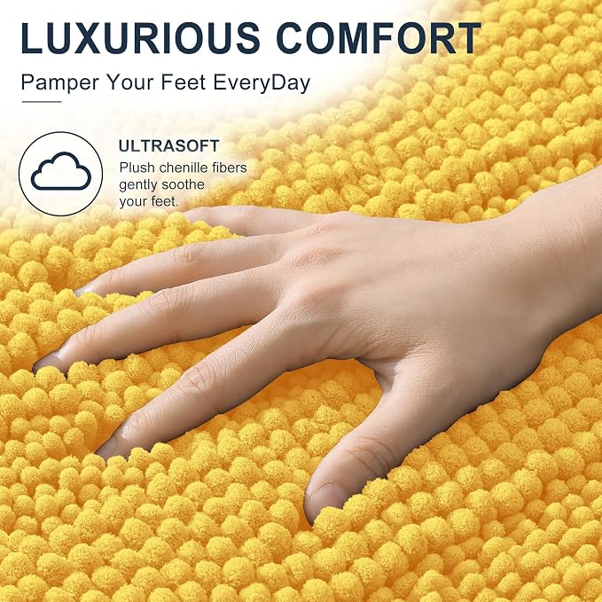 Smiry Thick Chenille Bathroom Runner Rugs 47x20, Extra Absorbent Striped Bath Mat, Machine Washable, Rubber Backing, Long Bath Rugs for Tub & Shower, Modern Home Decor Accessories, Yellow