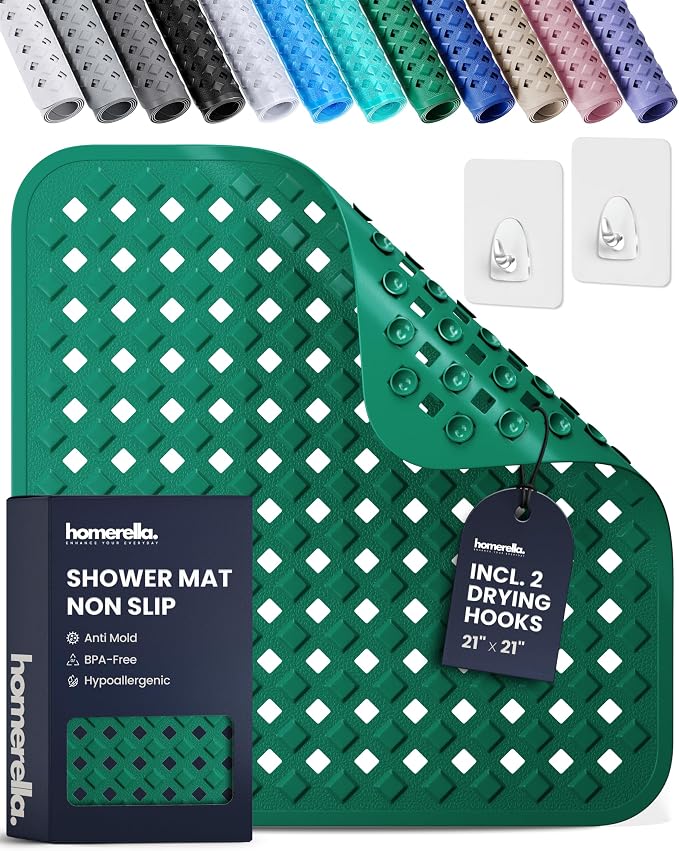 homerella® Shower Mat Non Slip Anti Mold, Non Slip Shower Mats for Inside Shower Stall Anti Slip Mat, Square Shower Floor Mat 21 x 21 in with Suction Cups & Hooks for Quick Drying, Machine Washable