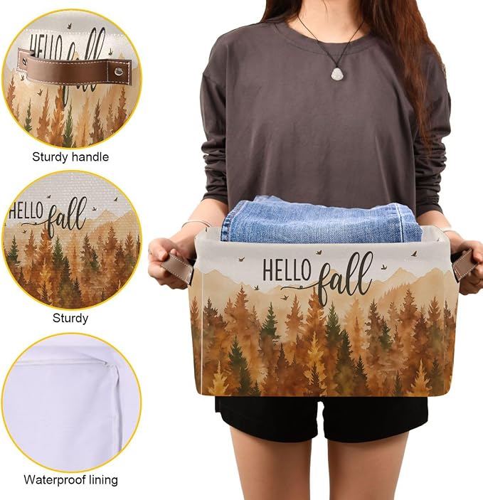 Wamika Hello Fall Forest Storage Basket with Waterproof Liner and PU Handles Maple Leaves Pine Tree Storage Bins Boxes 14.2" Collapsible Decorative Organizer Baskets for Bedroom Closet Office 2 Pack