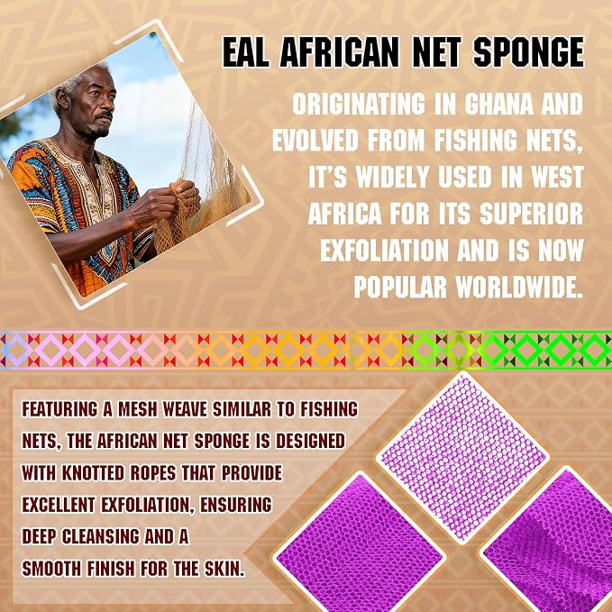5 Pieces African Net Sponge – Deep Cleansing & Exfoliating Mesh for Glowing Skin – Stretchable, Quick-Dry Material for Daily Shower Use (Green, Purple, Orange, Gray, White)