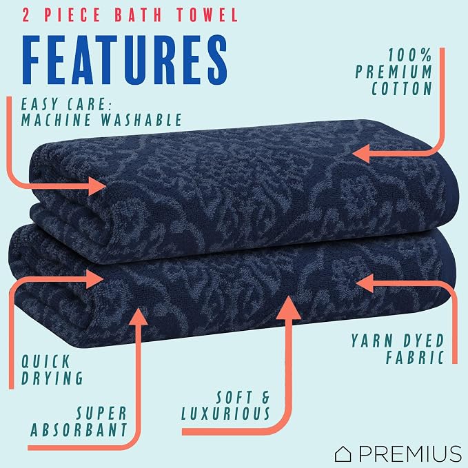 2 Pack Damask Hand Towel, Bath Towel, and Bath Sheet Towel, 100% Cotton Yarn Dyed, Lux Drying Experience, Great for Hands and Body, Perfect for Spa & Home Use (Navy, Bath Towel)