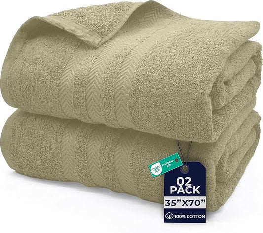 DAN River 2 Pack Bath Sheets Extra Large 35x70, Large Bath Towels for Adults, XL Oversized Heavy Duty Towel Set, 600 GSM 100% Ring Spun Cotton, Soft Quick Dry, Beige