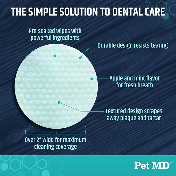 Pet MD Dental Wipes for Dogs Teeth - Fresh Apple & Mint Flavor - 100ct | Dog Teeth Cleaning Wipes to Remove Plaque and Tartar - Promotes Healthy Gums & Fresh Breath for Overall Oral Hygiene