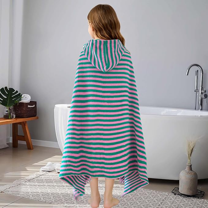 VOOVA & MOVAS Hooded Bath Towels for Teens/Big Kids (8Years Up) | Soft Absorbent 100% Cotton Thick Towel Wrap | Versatile Beach, Pool, Swim & Bath Cover-Up | Pink Green