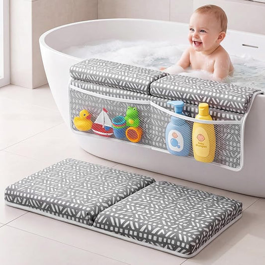 Vicenpal Baby Bath Kneeler and Elbow Rest Pad Set, Thick Comfortable Quick Dry Memory Foam Kneeling Pad, Foldable Non Slip Bathtub Cushion with Toy Organizer for Happy Baby Bath Time