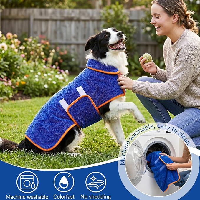 Bienbee Dog Bathrobe, Quick Drying Super Absorbent Pet Robes for Small Medium Large Dogs, Drying Coat for After Bath & Swim, Warm & Cozy Dogs Towels, Dog Puppy Bath Supplies, Dark Blue L