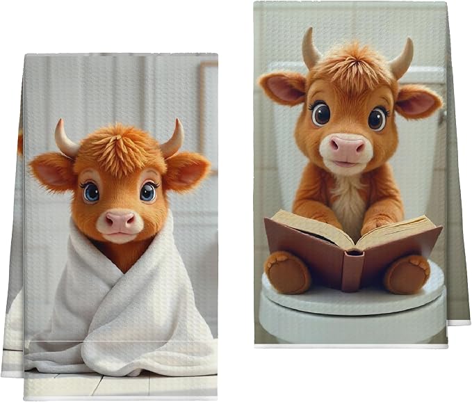 Bath Towels Set of 2, Cute Highland Cattle Dish Towel for Bathroom Spa Washroom, Western Calf Fast Drying Decorative Hand Towels, Farmhouse Housewarming Xmas Gifts for Women Mom -B22
