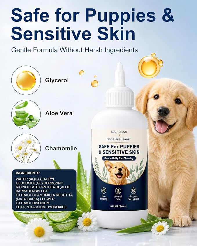 Dog Ear Cleaner, Gentle Daily Ear Care, Clean Solution for Routine Maintenance Wax Removal Puppy & Sensitive Skin Safe -235ml 2bottles