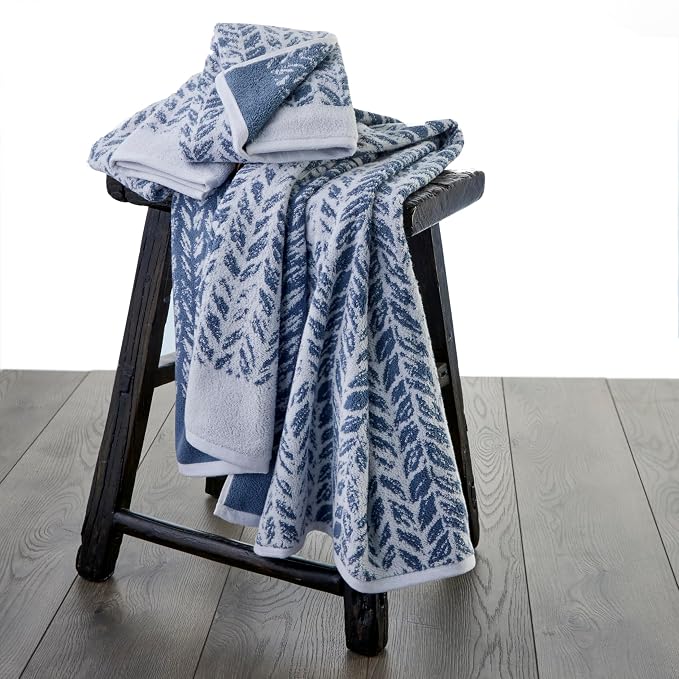 SKL Home Distressed Leaves 100% Turkish Cotton Premium 4-Piece Towel Set, 600 GSM, Soft & Absorbent Jacquard- 2 Bath Towels, 2 Hand Towels, Denim Blue