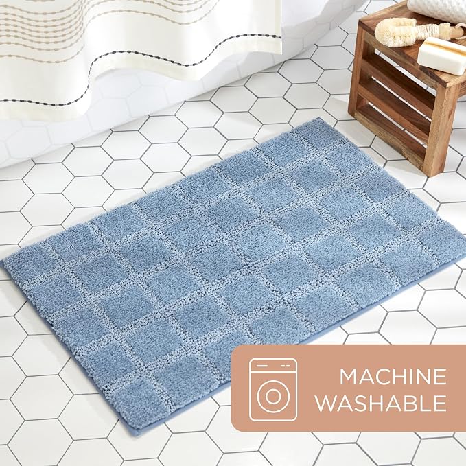 TOWN & COUNTRY EVERYDAY Ultra Plush Solid Tufted Windowpane Bath Mat, Soft and Absorbent Tufted Floor Mat, Non-Slip Backing, Machine Washable, Blue, 20"x32"