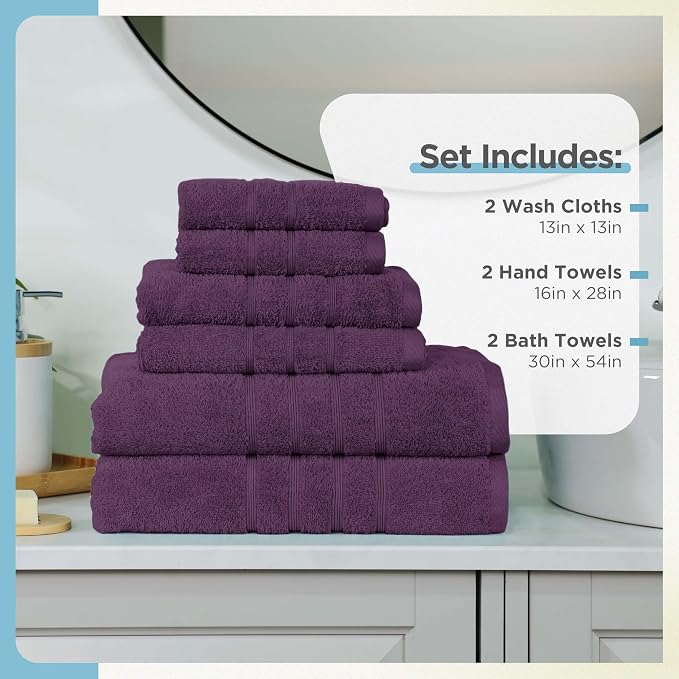 Martex Ultimate Performance 6-Piece Towel Set, Dark Purple | 100% Cotton, Supersoft & Absorbent, Low-Linting, Easy Care, Versatile, 2 Bath Towels, 2 Hand Towels, 2 Wash Cloths