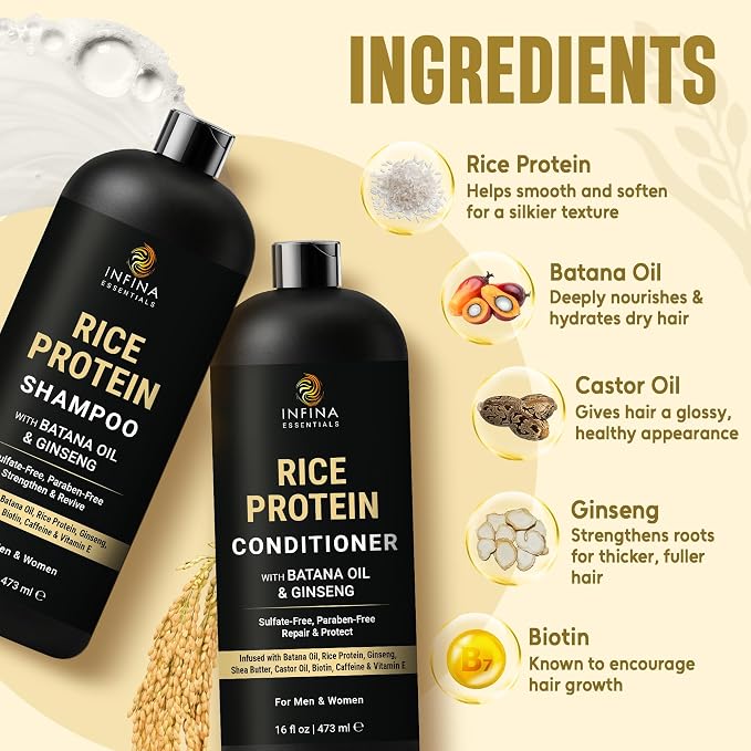 INFINA ESSENTIALS Rice Water Shampoo and Conditioner Set | 16 fl oz Each | with Batana Oil & Ginseng | Rice Shampoo for Repairing Damaged Hair | Strengthening & Thickening Formula