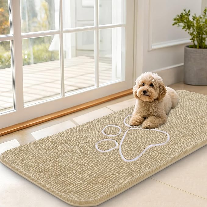 OLANLY Dog Door Mat for Muddy Paws 47x20, Paw Print Design, Absorbs Moisture and Dirt, Absorbent Non-Slip Washable Doormat, Quick Dry Chenille Mud Mat for Dogs, Entry Indoor Entryway Carpet, Beige