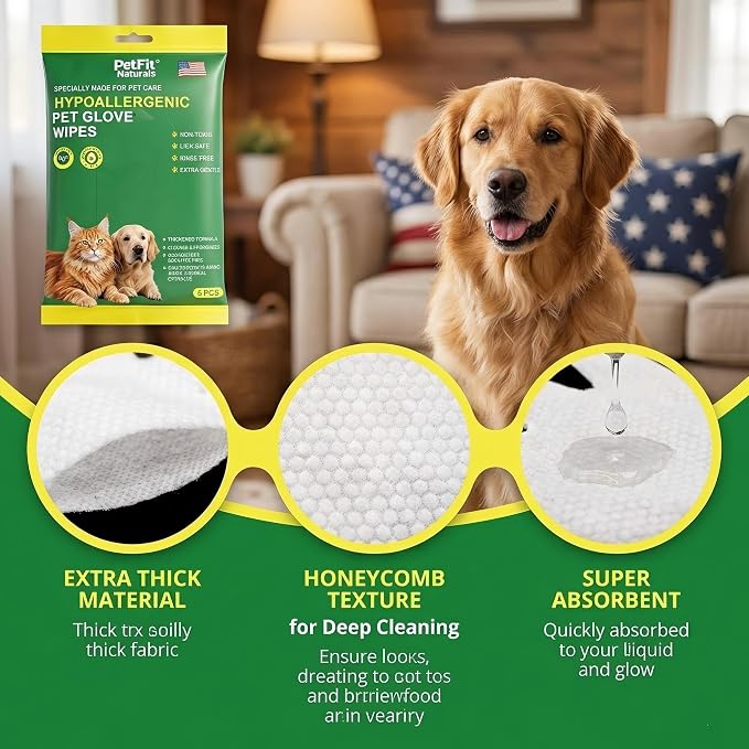 No Rinse Dog Bath Wipes & Cat Grooming Gloves, Extra Thick Waterless Pet Cleaning Mitts for Post-Surgery Recovery, Senior Dogs & Travel, Hypoallergenic Deodorizing - 6 Pack