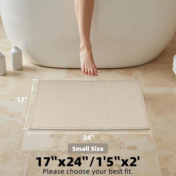 Ultra Thin Non Slip Bath Mat with Rubber-Backing Braided Absorbent Machine Washable Bathroom Rugs, Quick Dry, Fits Under Door 17" x 24" Beige
