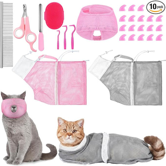 10 Pcs Cat Bathing Bag Set Mesh Shower Bag Anti Bite and Scratch Pet Grooming for Washing Brush, Cat Muzzle, Nail Clipper, Nail File, Tick Tool (Gray and Pink)