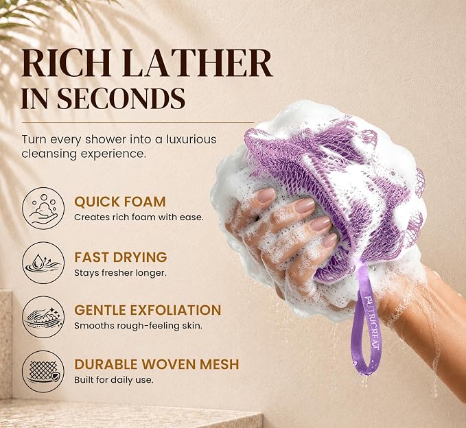 4 Pack African Net Sponge Authentic, Exfoliating Washcloth, Body & Back Scrubber, Better Alternative to Traditional Loofahs, Perfect for Daily Shower & Travel, Pink & Purple