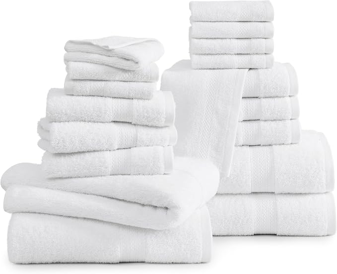 LANE LINEN Cotton Bath Towel Set 18 Piece - Super Soft, Absorbent & Quick Dry - 4 Bath, 8 Washcloths, 6 Hand Towels for Bathroom - Hotel Quality Turkish Towels, Ideal for Spa, Gym & Travel - White