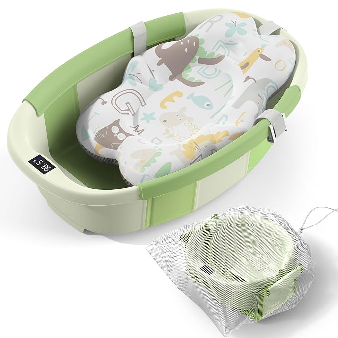 Collapsible Baby Bathtub - Large Baby Bath Tub with Thermometer & Cushion | Travel Portable Newborn Infant Bathtub | Foldable Toddler Bathtub for Baby 0 to 36 Months (Green)