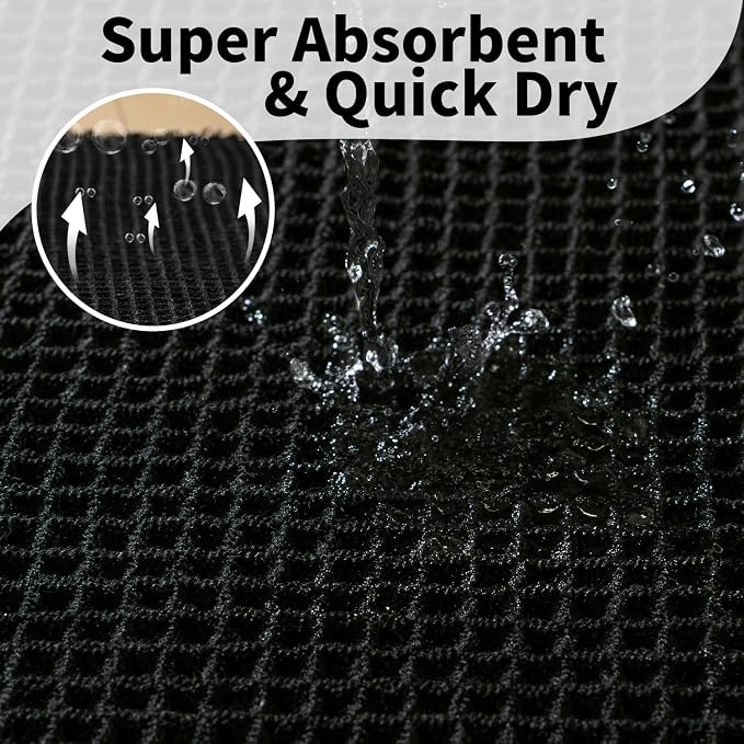 Black Bathroom Rug - Waffle Bath Mat Non Slip Washable, Super Absorbent & Quick Dry, Boho Bath Mat Farmhouse Bathroom Decor, 20'' x 32'', Black