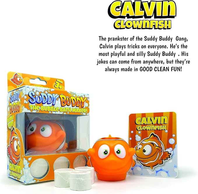Suddy Buddy® Bubble Maker for Bathtub | Fun Kid Bubble Bath Toys | Safe Bath Bubbler for Boys & Girls Ages 3+ | Includes 1 Foam Dispenser, 1 Trading Card & 3 Super-Bubble Drops | Calvin Clownfish