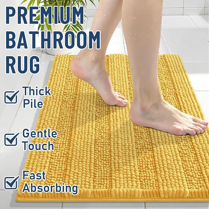 Grandaily Chenille Striped Bathroom Rugs 59x20, Extra Thick and Soft Absorbent Bath Mats, Rubber Backing, Plush Shaggy Shower Carpet, Machine Wash Dry, Bath Rug for Bathroom, Light Yellow