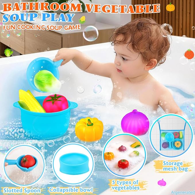 TSDATOWR Light Up Bath Toys, No Hole Vegetable Soup Set for Toddlers | LED Pretend Cooking Playset for Kids Ages 3-5 With Slotted Spoon, Soup Pot and Mesh Bag for Bathtub, Pool, or Beach