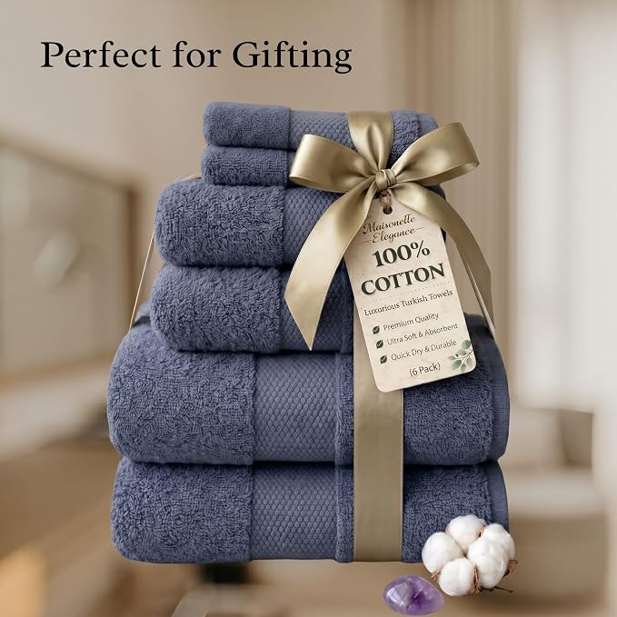 Maisonette Elegance 100% Organic Cotton Turkish Bathroom Towels Set, Ideal Quick Dry Luxury Washcloths, Hand & Large Luxury Bath Towels for Shower (6 Pack), Dark Blue (Mineral)