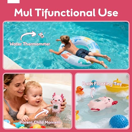 Baby Bath Thermometer, Digital Temperature Water Thermometer, Safety Bathtub Floating Toy for Baby, Infants, Toddlers - Pink Axolotl with Timer