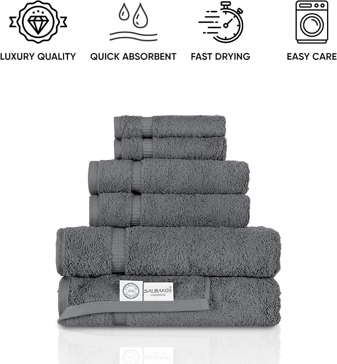 SALBAKOS 100% Turkish Cotton Towel Set of 6 Piece Gray | Premium Quality Hotel & Spa Collection 2 Washcloth, 2 Hand, 2 Bath Towel Sets for Bathroom | Made in Turkey (Gray, 6 Piece Towel Set)