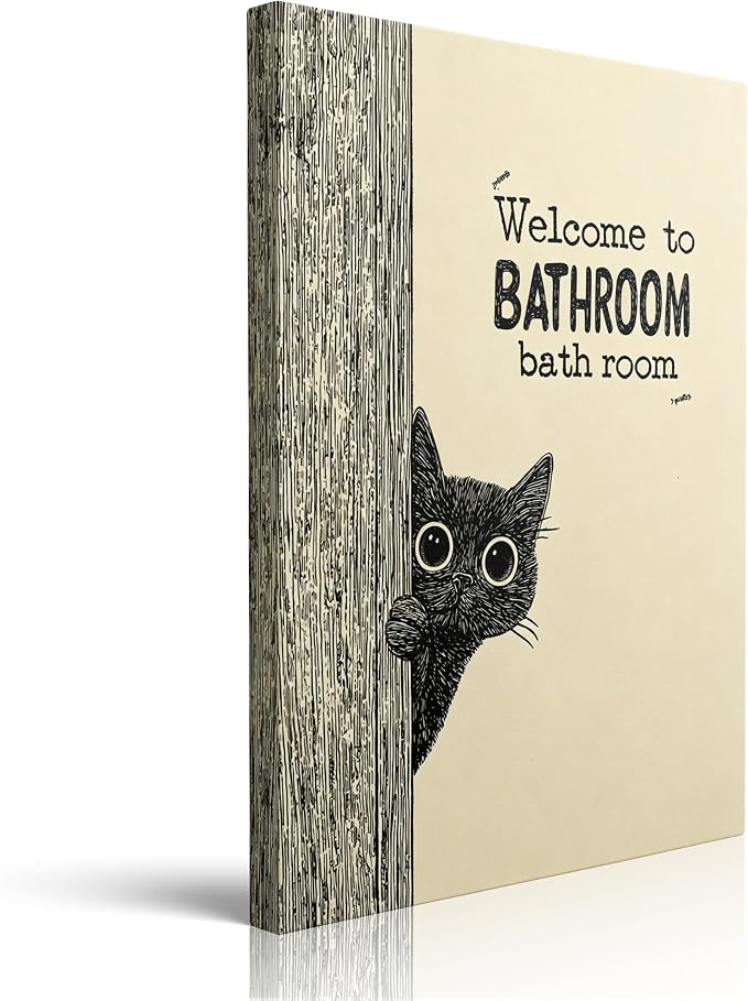 Framed Farmhouse Bathroom Wall Art Canvas Black Cat Bath Decor 16x24 Inches | Farmhouse guest bath canvas with framed look black cat welcome sign beige decor ready to hang for bathroom powder room walls
