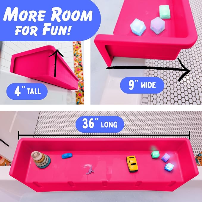 Tub Topper Kids Bathtub Splash Guard, Shelf & Toddler Bath Toy Tray - Pink | Toddler Bath Tray & Ledge Organizer, Strong Suction Cups, Patented Lip Design, Kids Bathroom Accessory Storage, Made in USA