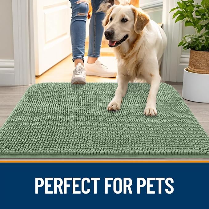 OLANLY Dog Door Mat for Muddy Paws 70x32, Absorbs Moisture and Dirt, Absorbent Non-Slip Washable Doormat, Quick Dry Chenille Mud Mat, Entry Indoor Entryway Carpet for Inside Floor, Olive Green