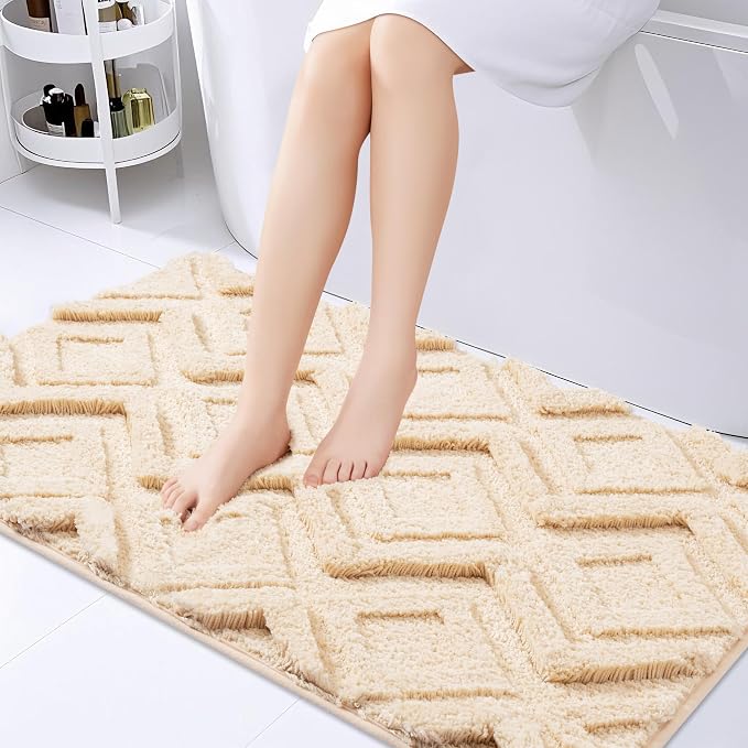 Bath Mat & Bathroom-Rugs 43x24, Ultra Soft Machine Washable Microfiber Bath Mat, Absorbent Quick Dry Non Slip Rug for Bathroom Floor, Tub and Shower, Beige