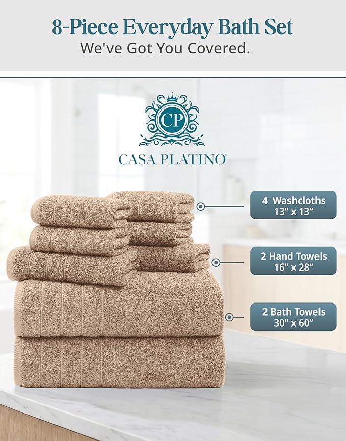 Casa Platino 100% Luxury Cotton Bathroom Towel Set 8 Pcs - Super Soft & Highly Absorbent - 2 Bath, 4 Washcloths, 2 Hand Towels for Bathroom - Oeko TEX Certified, Fade Resistant, Luxury Look - Beige