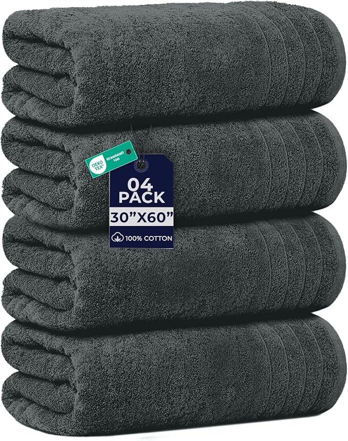 DAN RIVER Extra Large Bath Towels Set of 4, 30 x 60 Inches - 100% Cotton Larger & Lighter Weight Towels for Bathroom - Quicker to Dry, Super Soft & Highly Absorbent Towels for Home, Gray