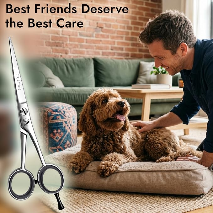 ARSUK Dog Grooming Shears 7-Inch Professional Japanese Stainless Steel Pet Grooming Scissors for Pets, Sharp Dog Hair Scissors with Fix Screw, Ergonomic Handle & Comfort Grip, Mirror Finish