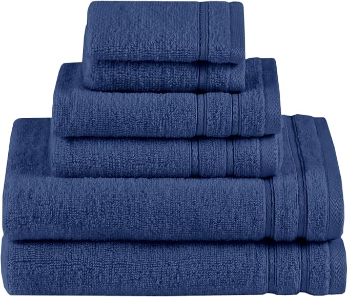 Comfort Spaces 6 Pc Towel Set, 100% Cotton Zero Twist, Indigo Navy Blue | Zero Twist Cotton, Quick Dry Ultra Soft, 2 Bath 2 Hand 2 Washcloth, Lightweight Absorbent for Everyday Bathroom Use