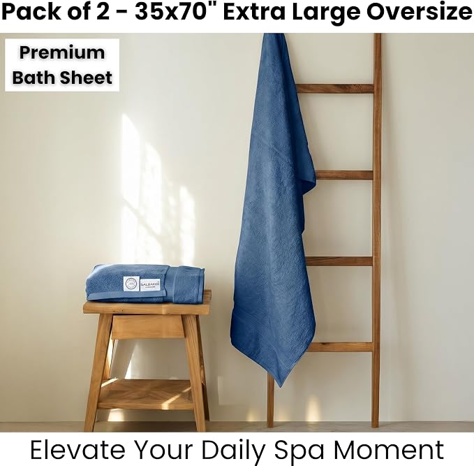 SALBAKOS 2-Piece 100% Turkish Cotton Extra Large Bath Towel 35x70 inch | Premium Hotel Quality Bath Sheet Towels | Thick, Soft, Absorbent, Oversized Bath & Beach Towels (Blue, 2 Bath Sheets)