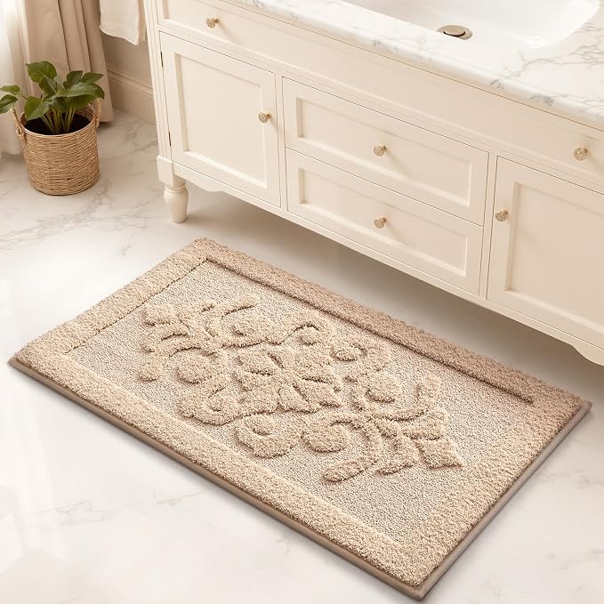 LUMI Bathroom Rugs Non Slip Rubber Backing, Ultra Soft Microfiber Bath Mat Machine Washable, Elegant Floral Bath Rugs for Shower Floor, Bathtub, Sink, 16x24, Beige