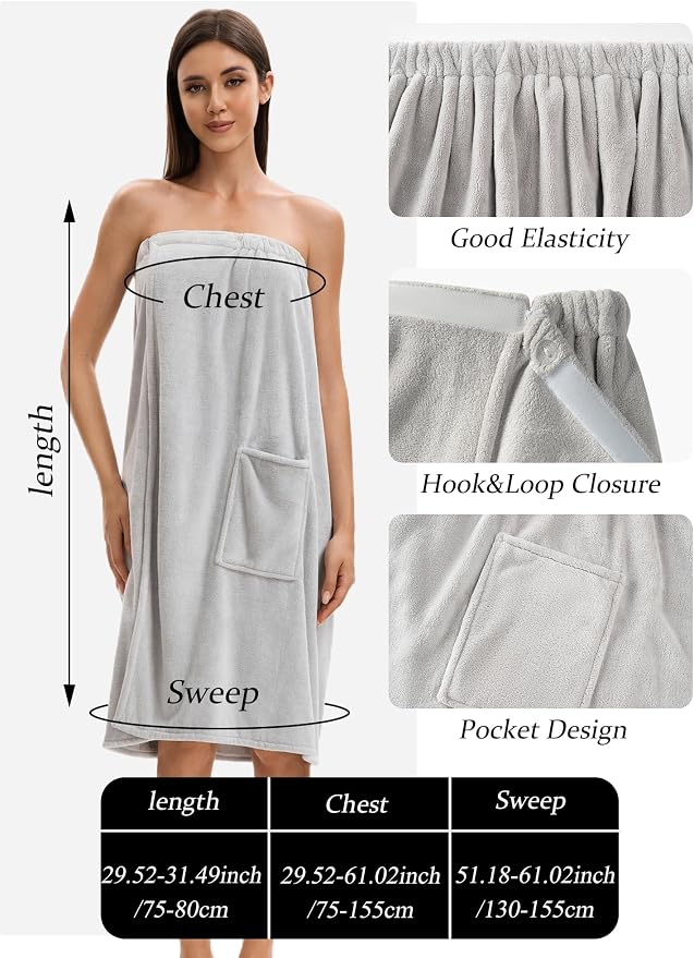 Towel Wrap For Women After Shower，Plush Bath Robe Female，Sauna Spa Wrap Around Towels With Pockets