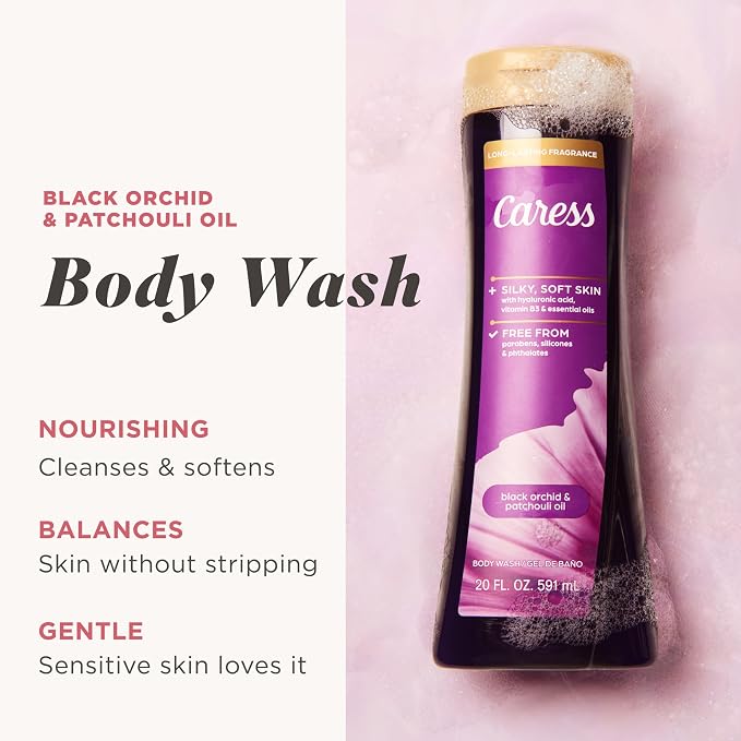 Caress Black Orchid & Patchouli Oil Body Wash, 20 fl oz (4 Pack) | Hyaluronic Acid & Vitamin B3, Moisturized, Silky Soft Skin, Long-Lasting Exotic Fragrance
